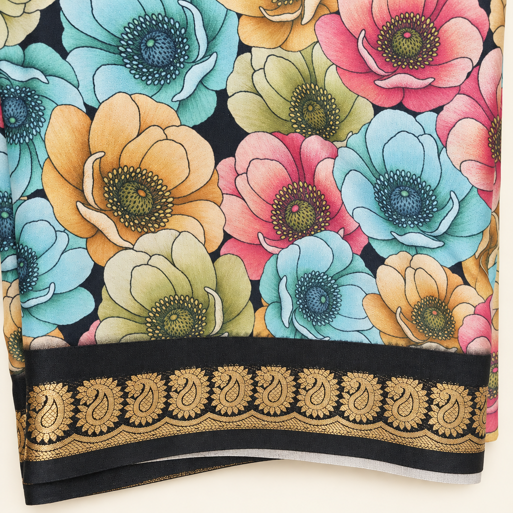 Polished floral saree and gold border close-up