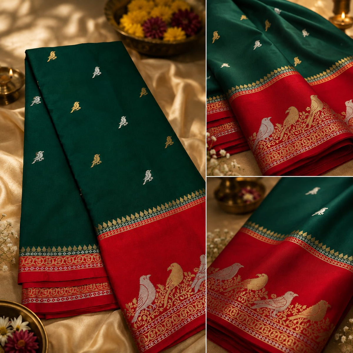 Deep green saree with red bird-pattern border and gold and silver motifs