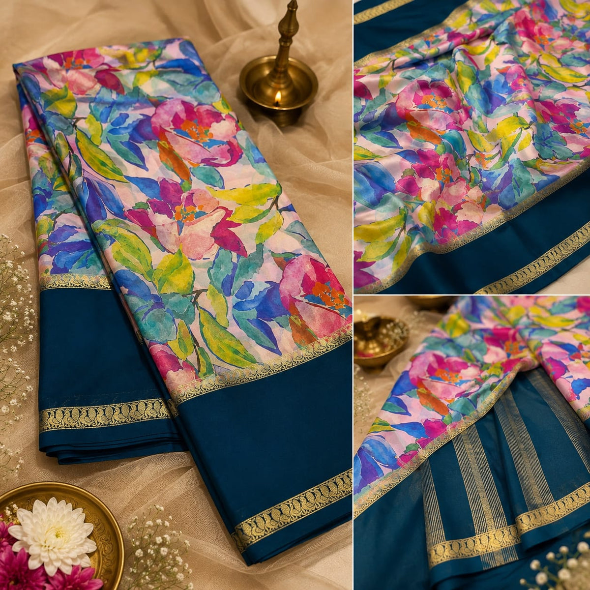 Multicolour floral printed saree with deep blue and gold-toned border