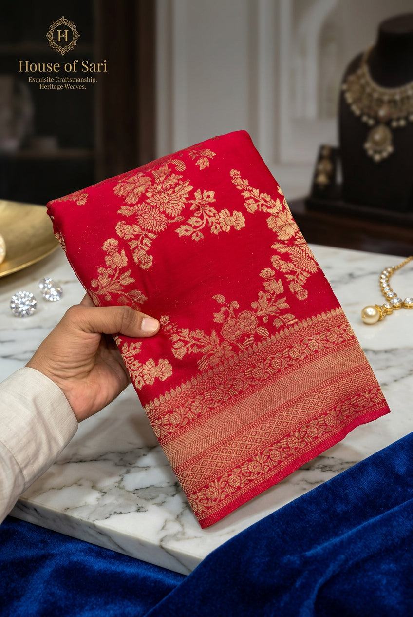 Premium Chinnon Crushed Zari Saree with Rich Pallu & Butta Blouse