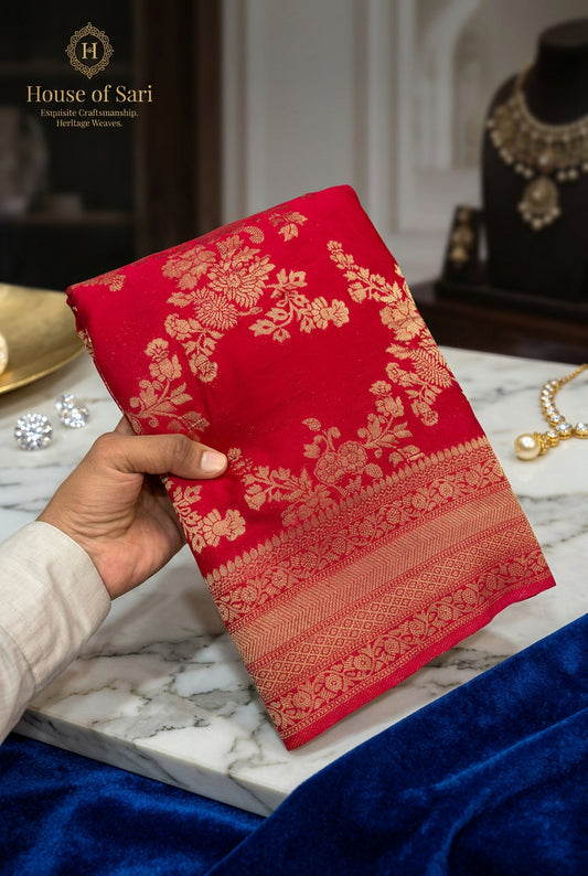 Premium Chinnon Crushed Zari Saree with Rich Pallu & Butta Blouse