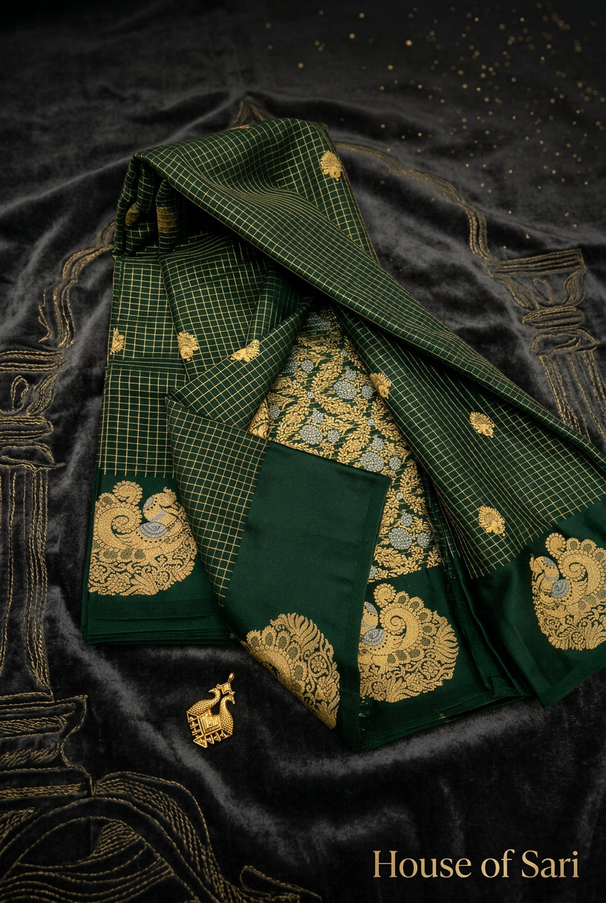 Semi Mysore Crepe Chex Saree with Open Border & Rich Pallu