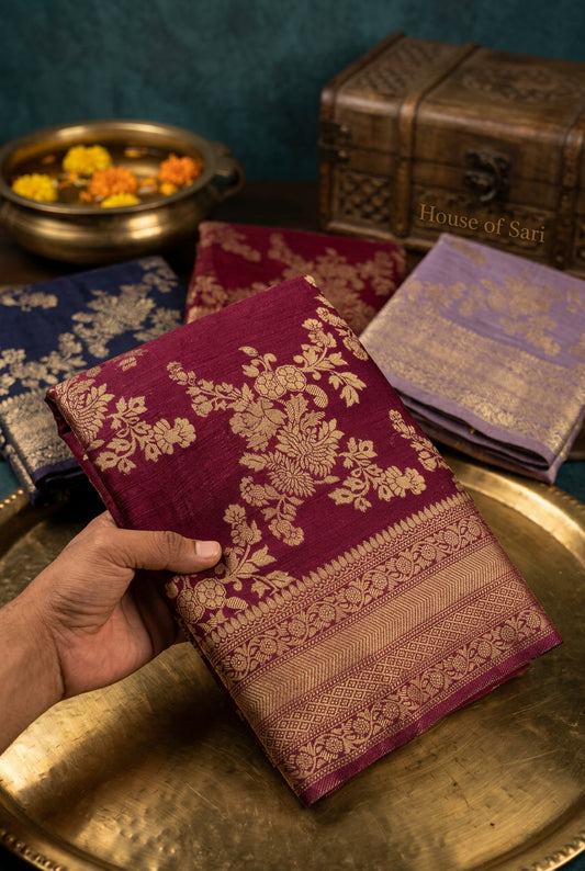 Premium Chinnon Crushed Zari Saree with Rich Pallu & Butta Blouse