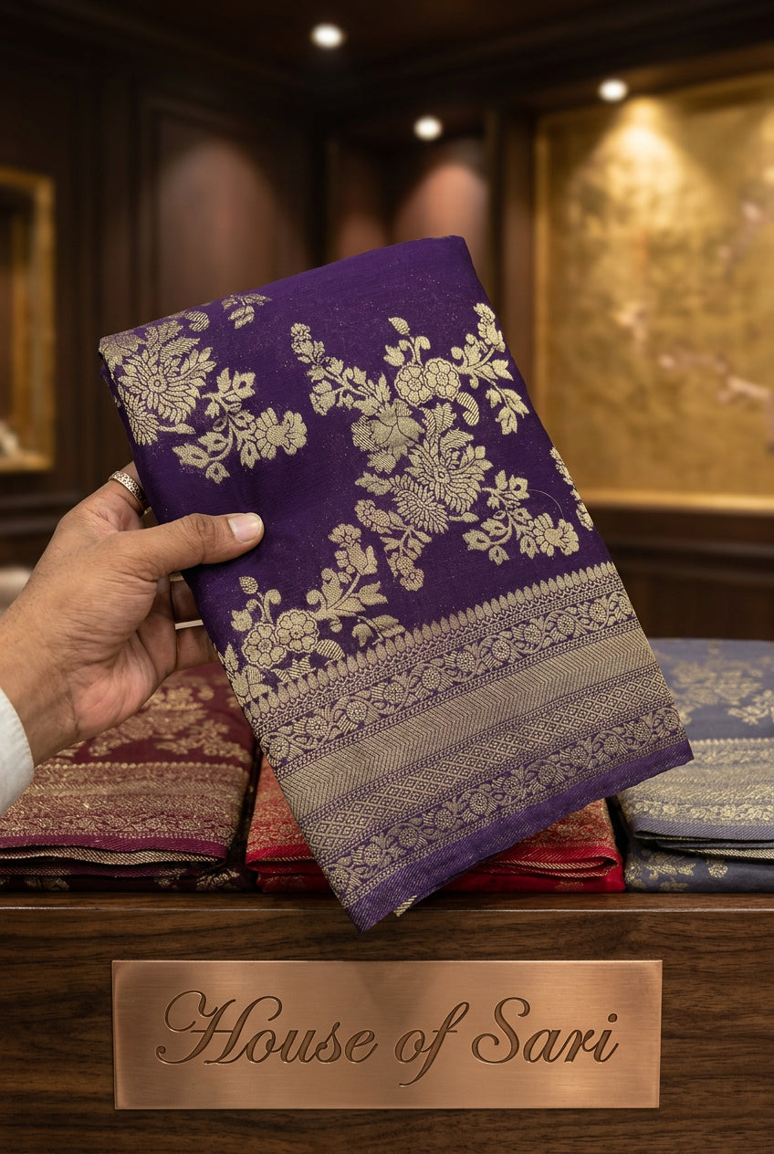 Premium Chinnon Crushed Zari Saree with Rich Pallu & Butta Blouse