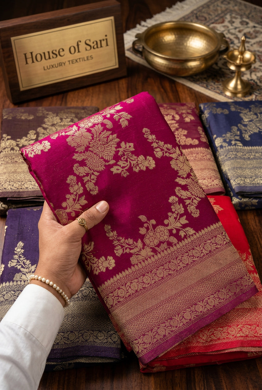 Premium Chinnon Crushed Zari Saree with Rich Pallu & Butta Blouse