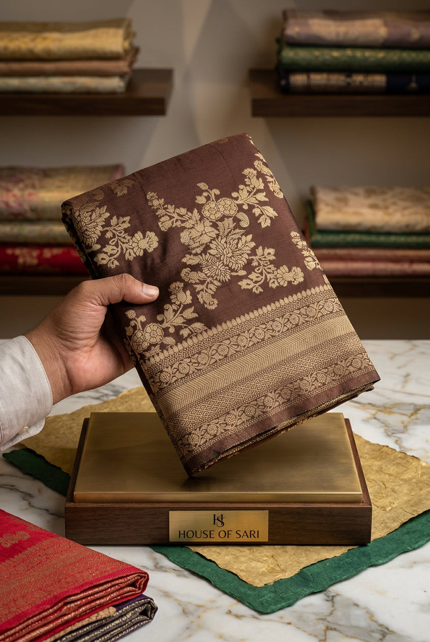Premium Chinnon Crushed Zari Saree with Rich Pallu & Butta Blouse