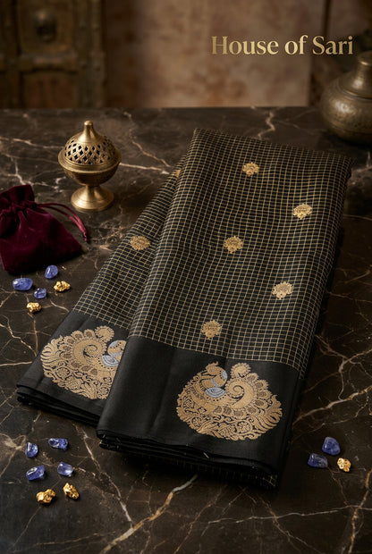 Semi Mysore Crepe Chex Saree with Open Border & Rich Pallu