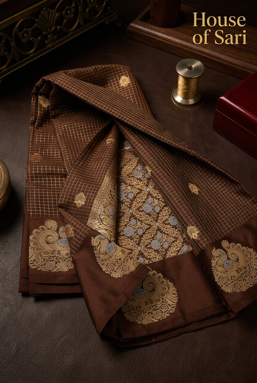 Semi Mysore Crepe Chex Saree with Open Border & Rich Pallu