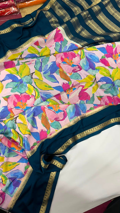 Premium Printed Crepe Saree with Plain Blouse and Bentex Border