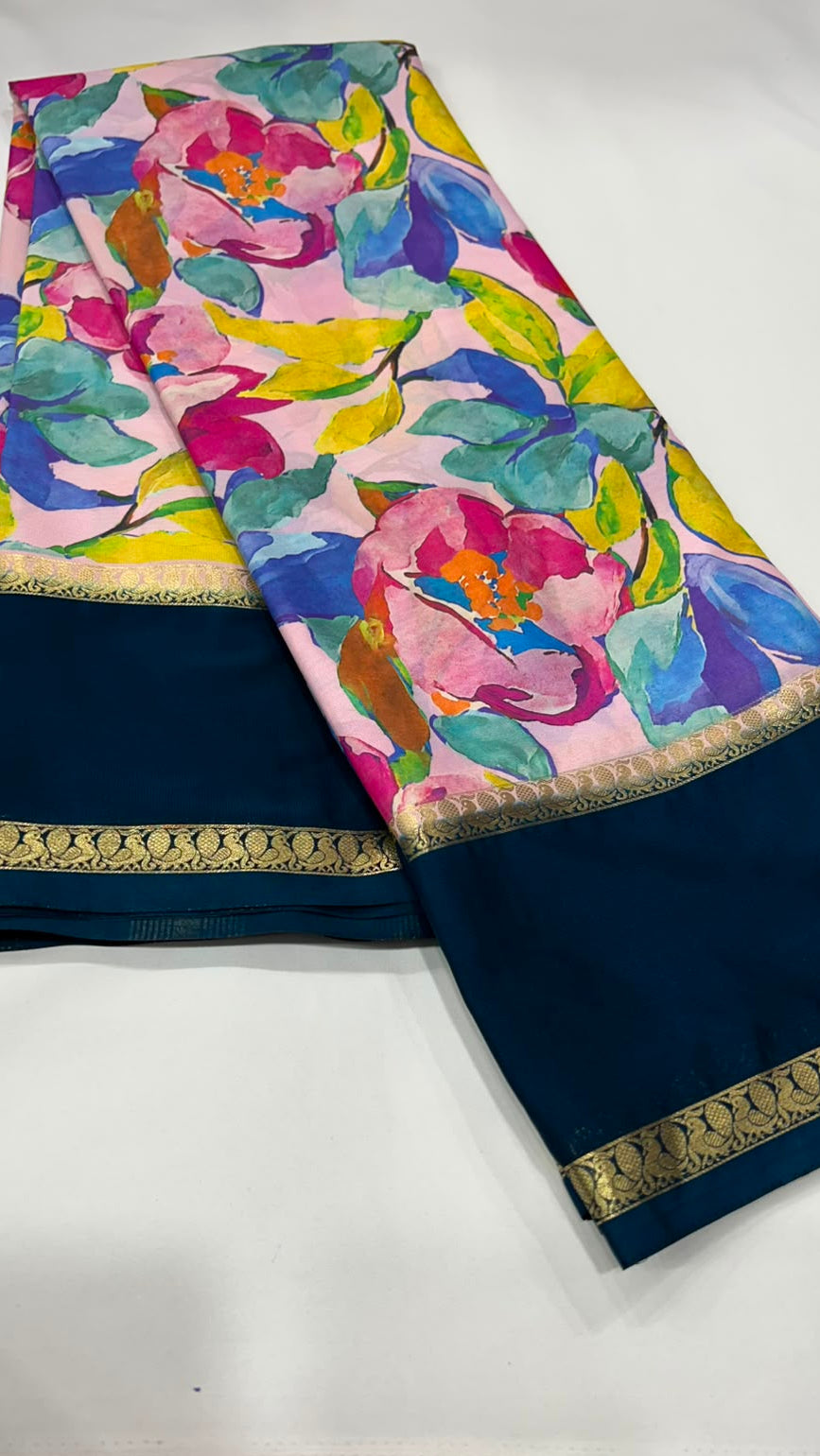 Premium Printed Crepe Saree with Plain Blouse and Bentex Border