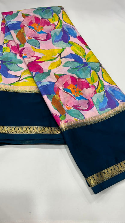 Premium Printed Crepe Saree with Plain Blouse and Bentex Border