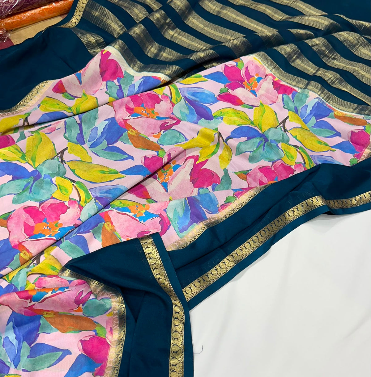 Premium Printed Crepe Saree with Plain Blouse and Bentex Border