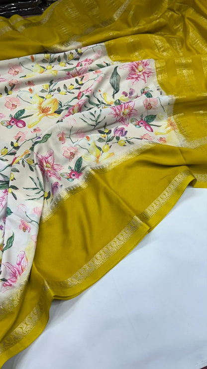 Premium Printed Crepe Saree with Plain Blouse and Bentex Border