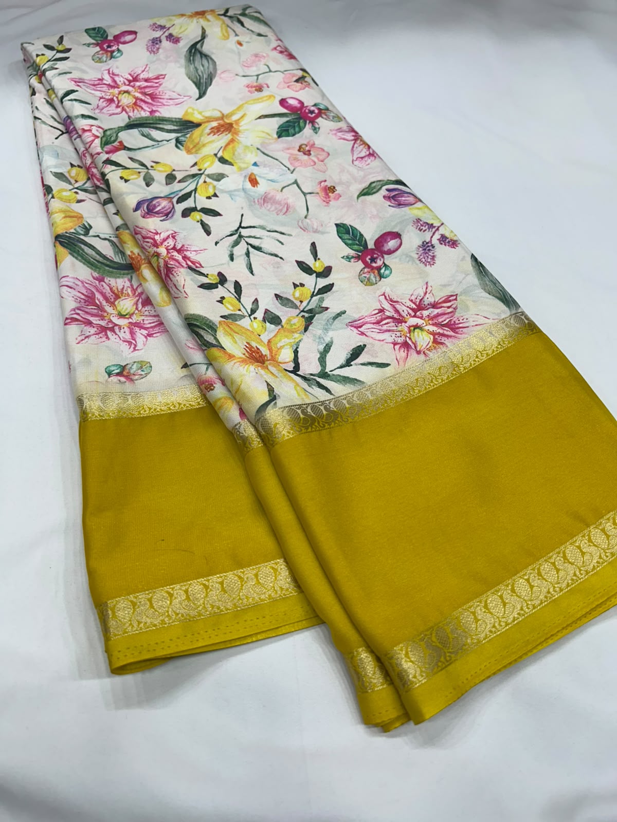 Premium Printed Crepe Saree with Plain Blouse and Bentex Border