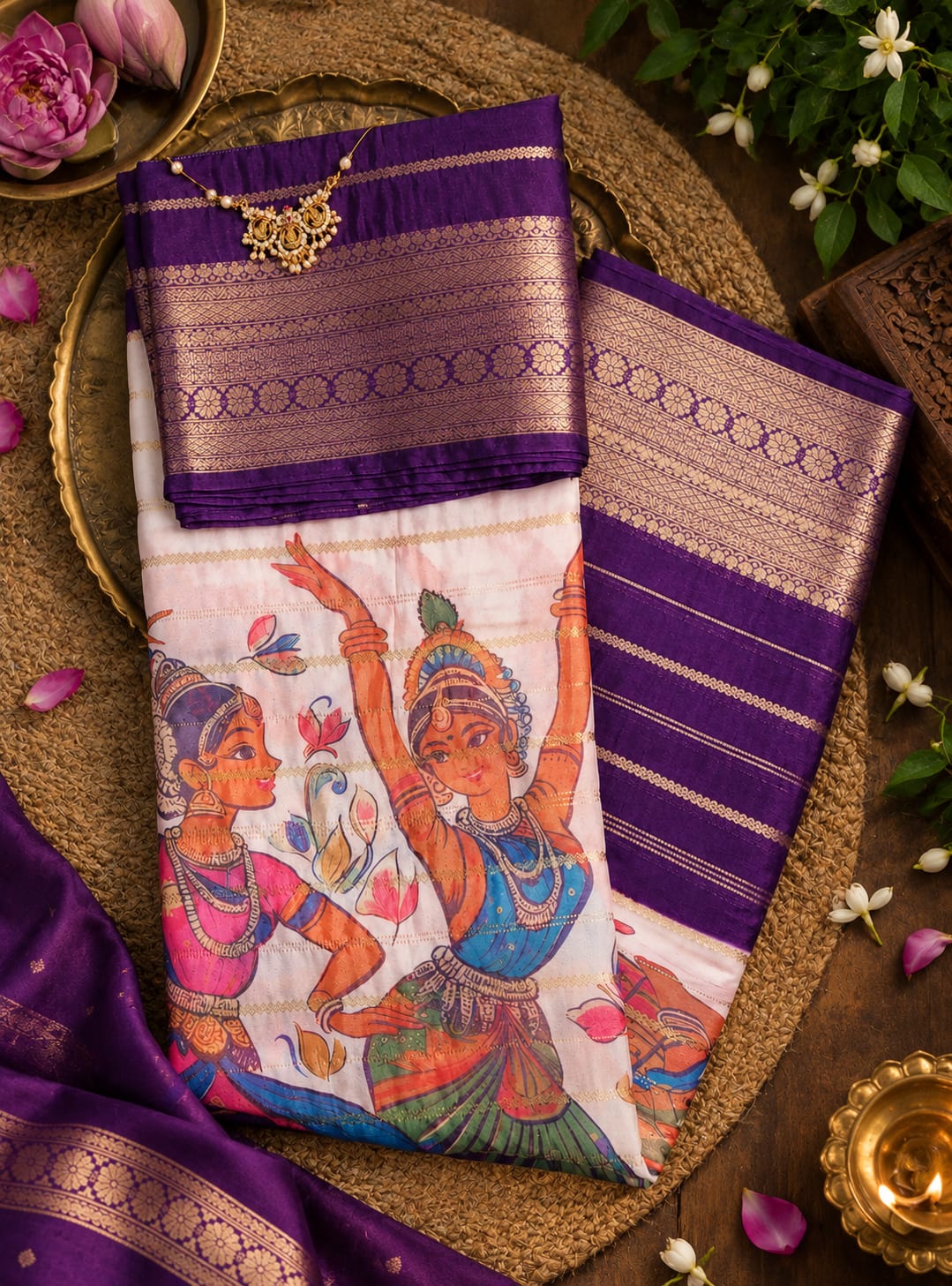 Illustrated light-toned saree with a purple and gold-toned bentex border