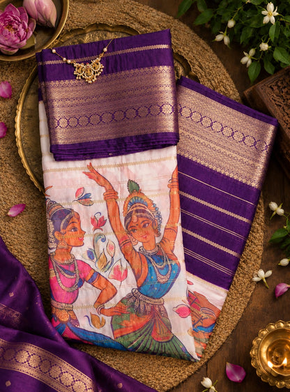 Illustrated light-toned saree with a purple and gold-toned bentex border