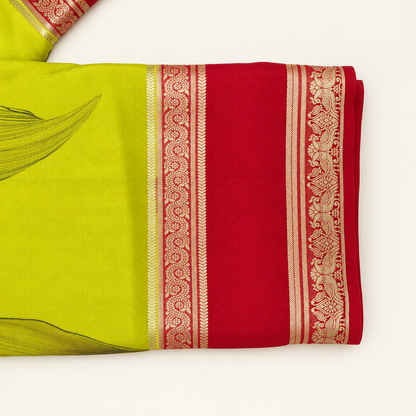 Yellow-green floral print saree with a red-and-gold Bentex border and matching red fabric shown across it