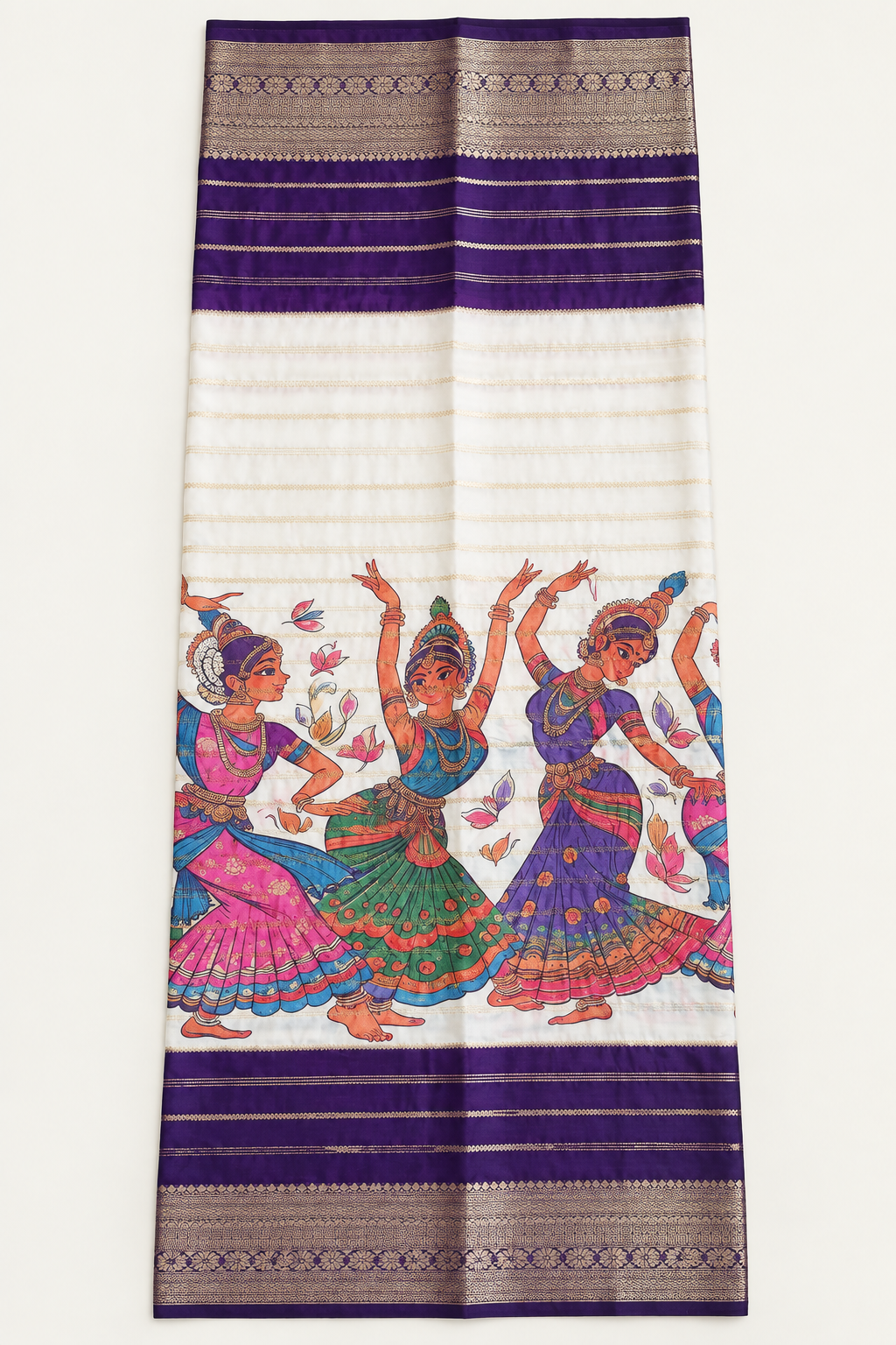 Full view of illustrated saree and purple gold border