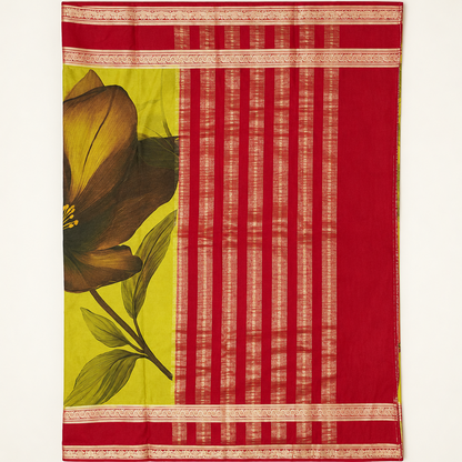 Yellow-green floral printed saree pallu with red-and-gold Bentex border