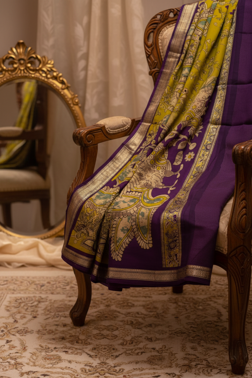 Lifestyle editorial shot of Kalamkari saree with warm heritage lighting