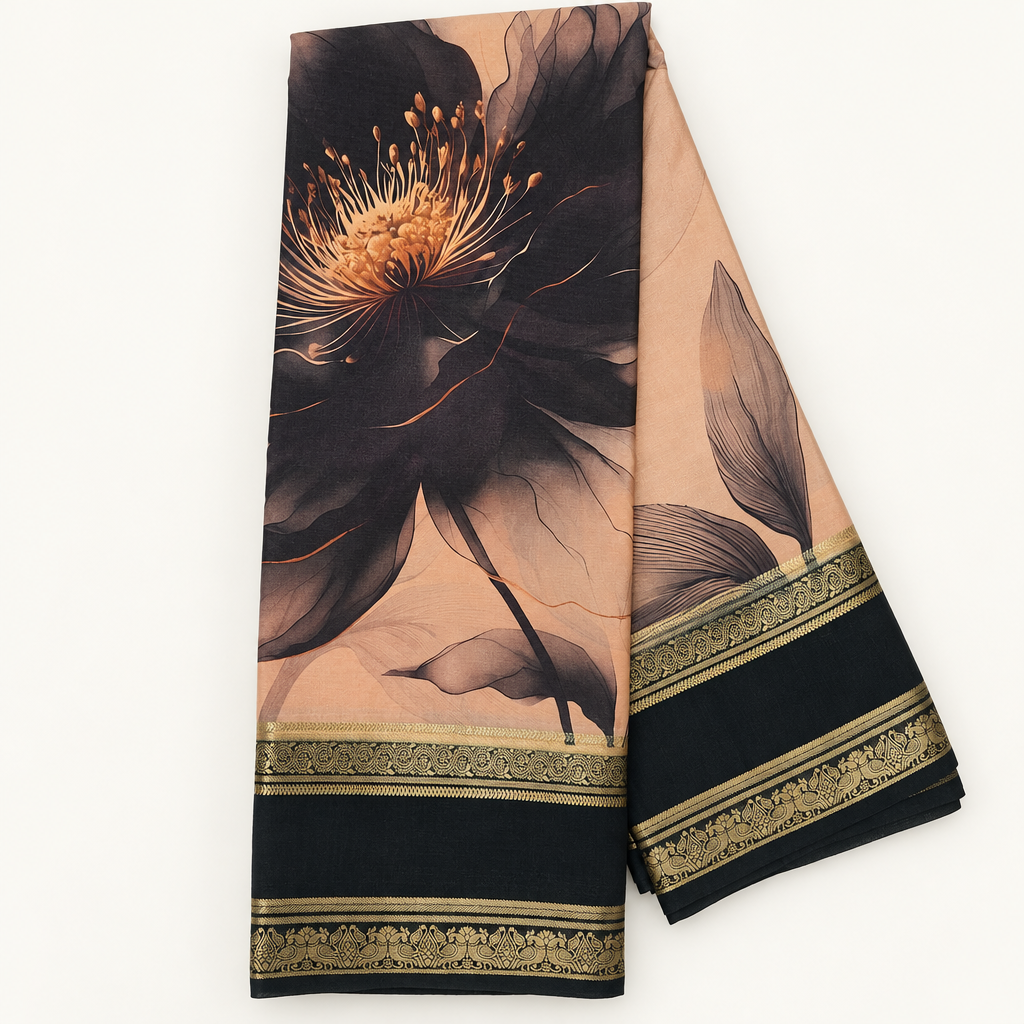Full view of floral saree print and striped pallu