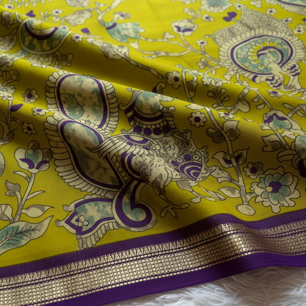 Close-up of Kalamkari peacock motif on chartreuse silk saree