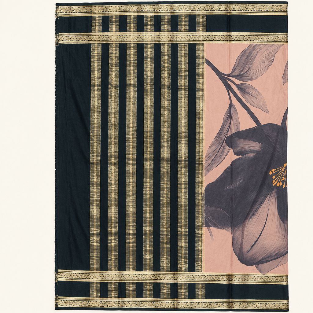 Folded floral semi Mysore crepe saree with contrasting ornate border