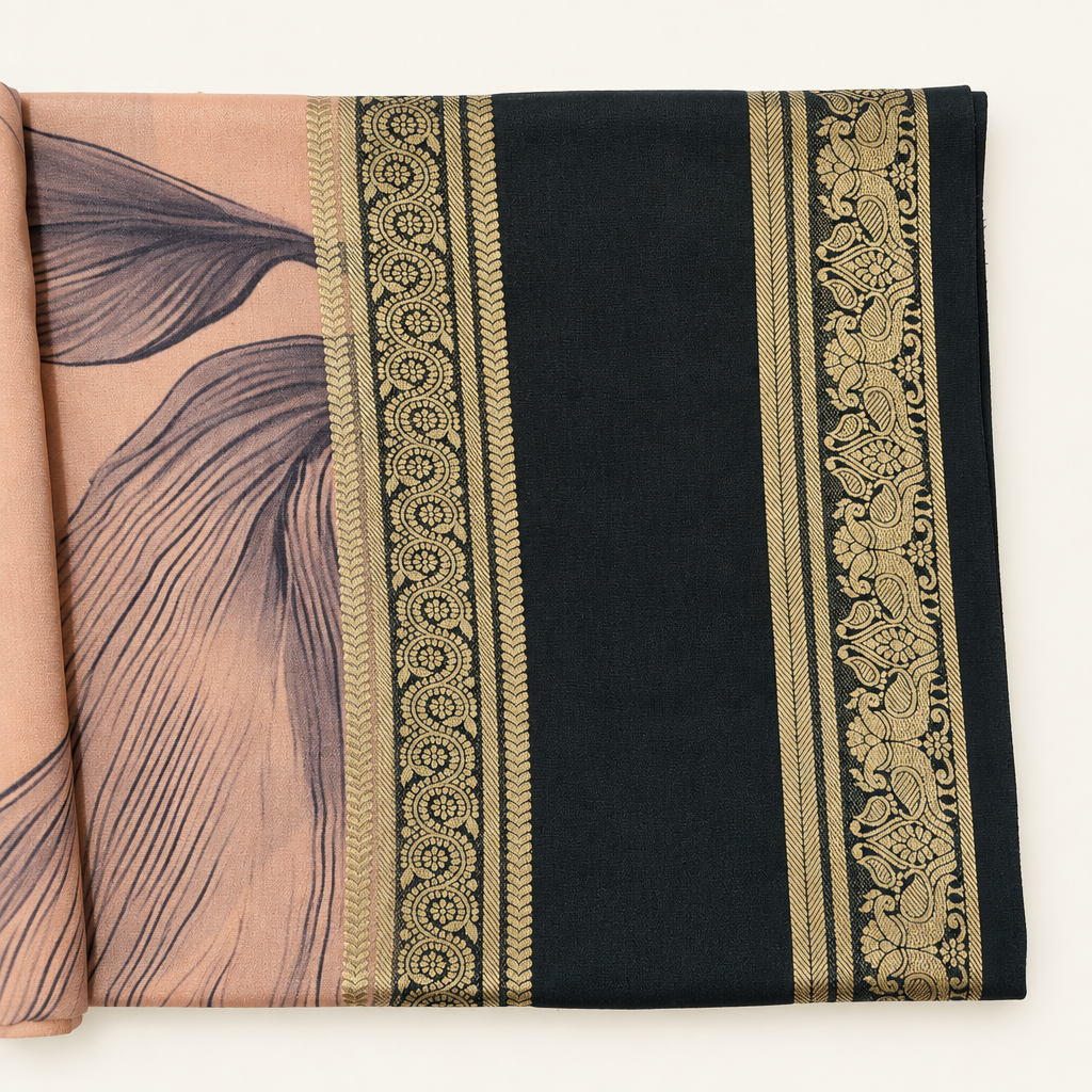 Close-up of the black and gold ornamental saree border