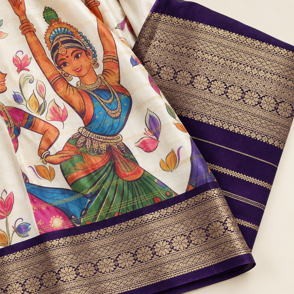Detail of purple and gold border beside illustrated saree fabric