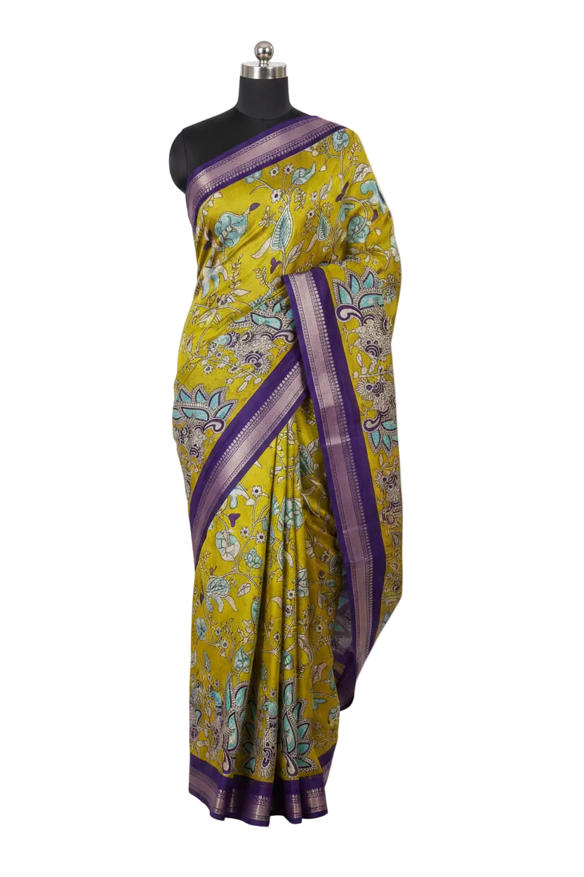Kalamkari silk saree draped on mannequin – chartreuse and royal purple
