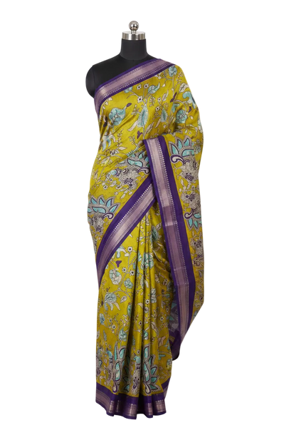 Kalamkari silk saree draped on mannequin – chartreuse and royal purple