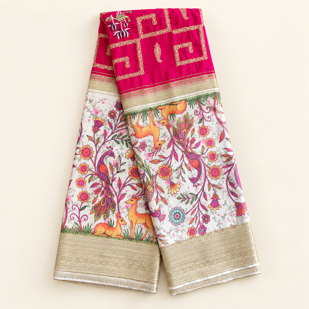 Folded crepe saree showing embroidered pink pallu and printed body