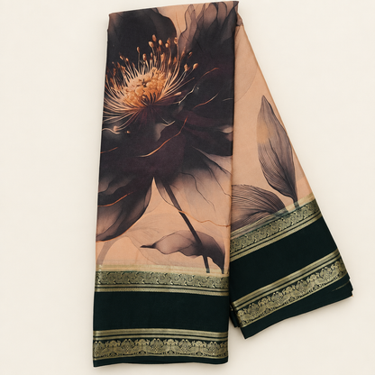 Folded floral Mysore crepe saree with gold and black border against warm ivory backdrop