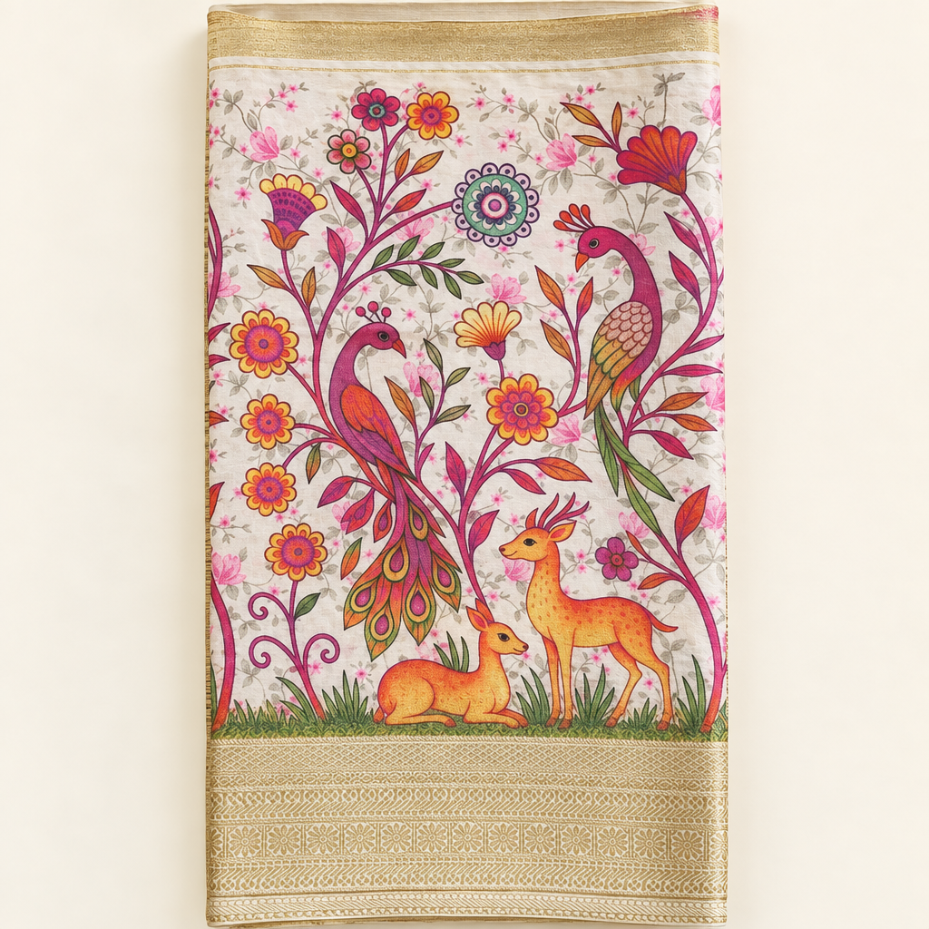 Premium crepe printed saree with peacock and deer motifs and pink embroidered panel