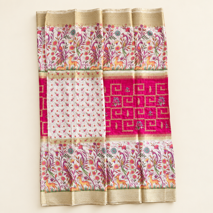 Full view of crepe saree with floral print and gold border