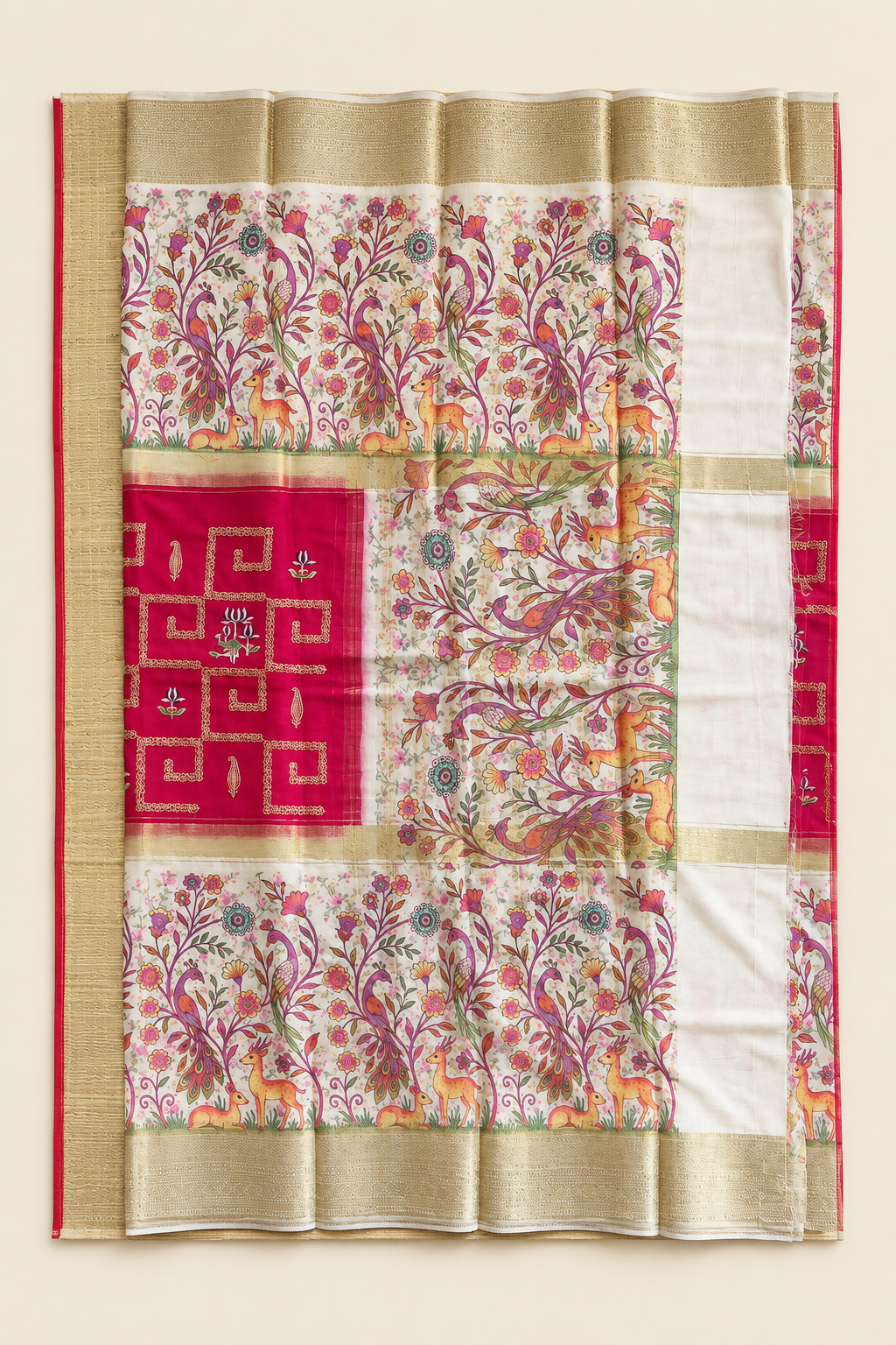 Close-up of peacock and deer print with gold woven border