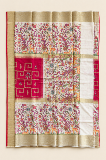 Close-up of peacock and deer print with gold woven border