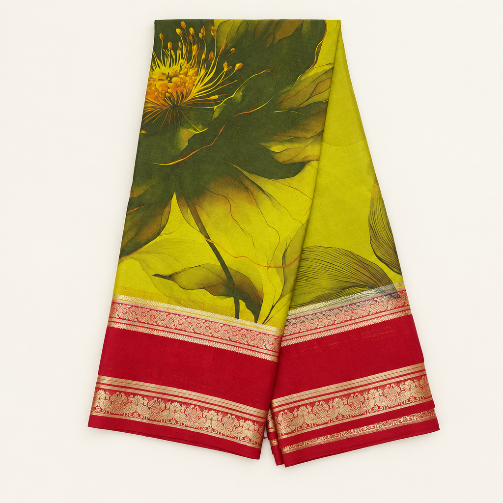 Close-up of the yellow-green saree fabric and ornate red-and-gold Bentex border