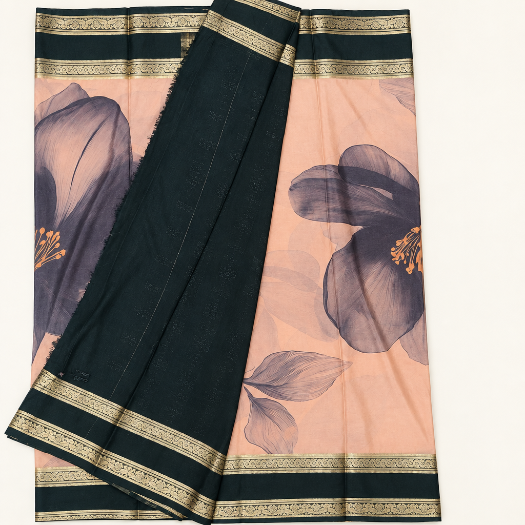 Saree spread showing floral body and contrasting dark border
