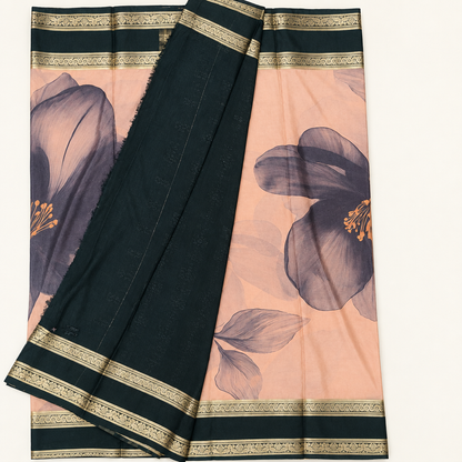 Saree spread showing floral body and contrasting dark border