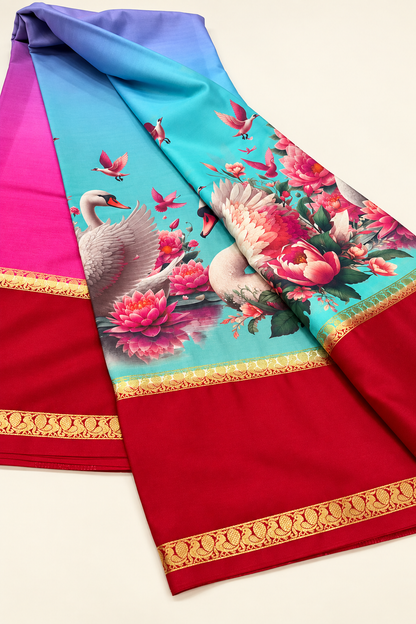 Premium Crepe Printed Saree with Swan & Floral Print and Rich Red Border