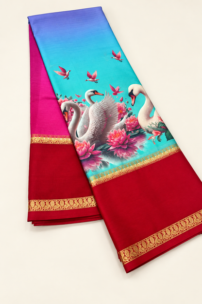 Premium Crepe Printed Saree with Swan & Floral Print and Rich Red Border