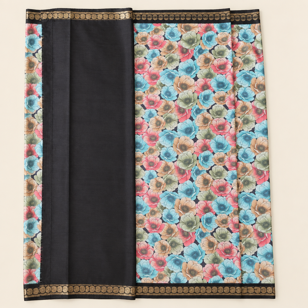 Polished saree with floral print and blouse panel